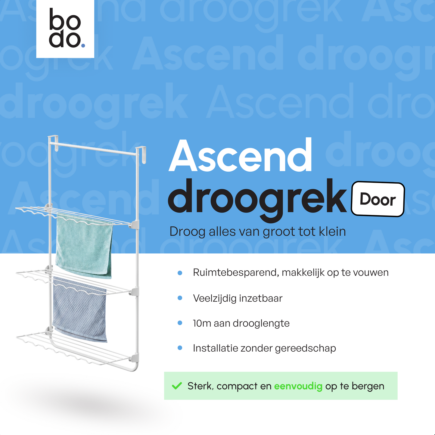 Bodo® Droogrek Hangend - 10m - Ophangbaar aan Deur of Wand - Wit