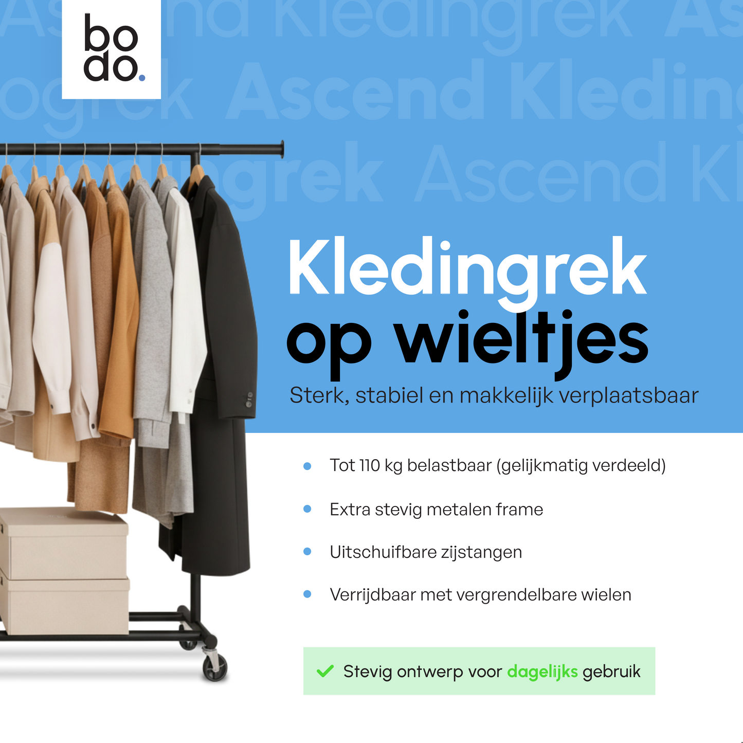 Kledingrek op Wieltjes – Stalen Kledingstang - Opbergruimte – Zwart – Bodo