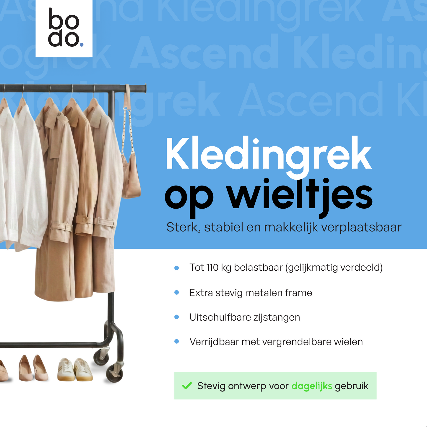 Kledingrek op Wieltjes – Extra Breed – Stalen Kledingstang – Zwart – Bodo