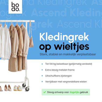 Kledingrek op Wieltjes - Stalen Kledingstang - 130 kg - Wit - Bodo