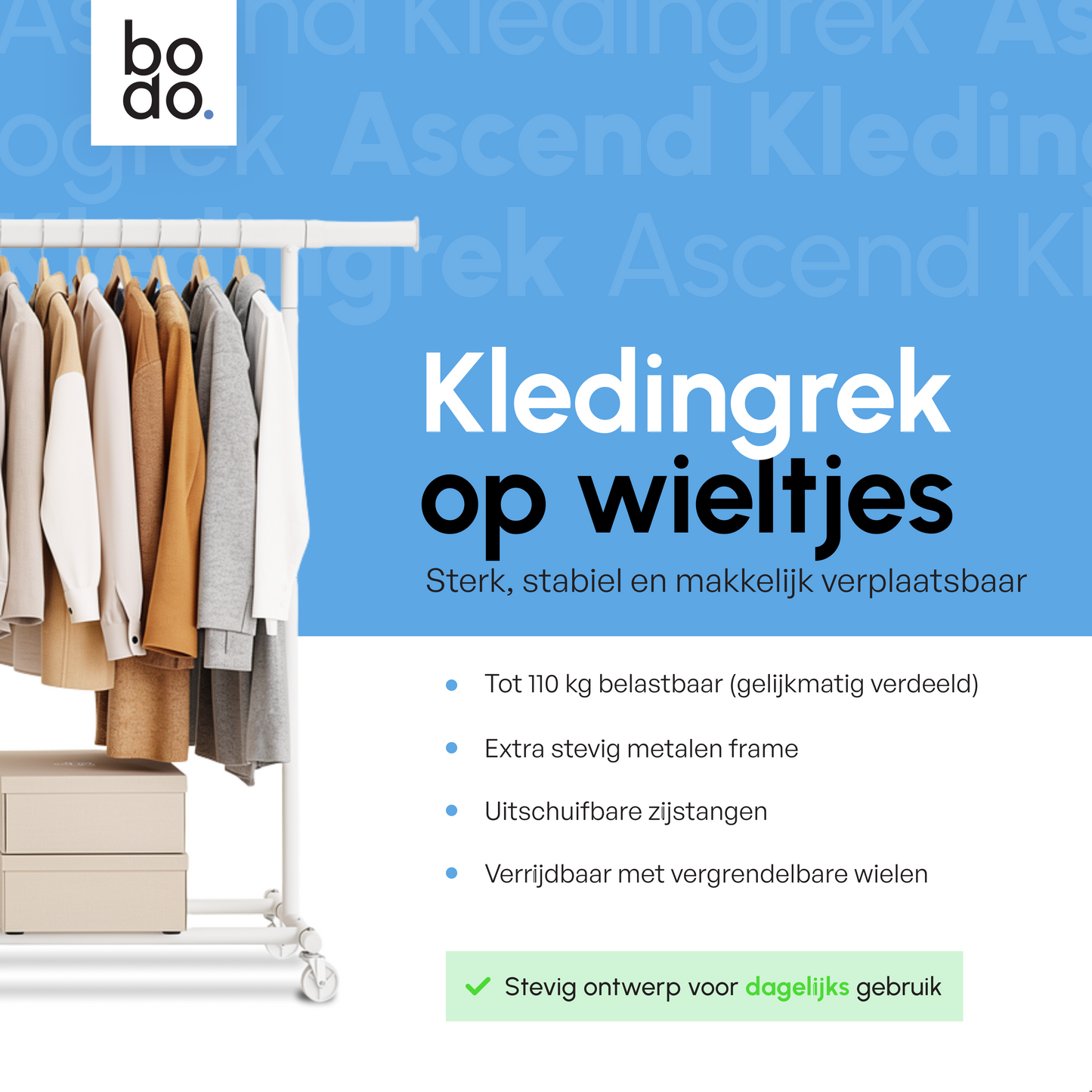 Kledingrek op Wieltjes – Stalen Kledingstang - Opbergruimte – Wit – Bodo
