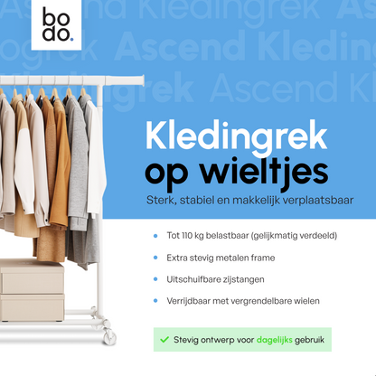 Kledingrek op Wieltjes – Stalen Kledingstang - Opbergruimte – Wit – Bodo