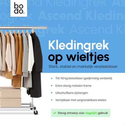 Kledingrek op Wieltjes - Opbergruimte - Extra Brede Kledingstang - Zwart - Bodo