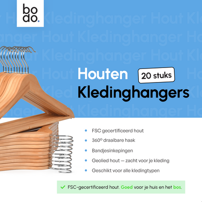Kledinghangers - 20 stuks - Hout naturel - Bodo