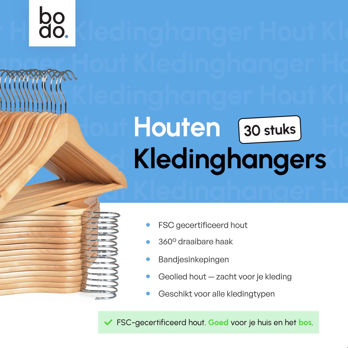 Kledinghangers - 30 stuks - Hout naturel - Bodo