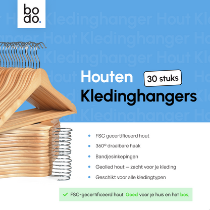 Kledinghangers - 30 stuks - Hout naturel - Bodo