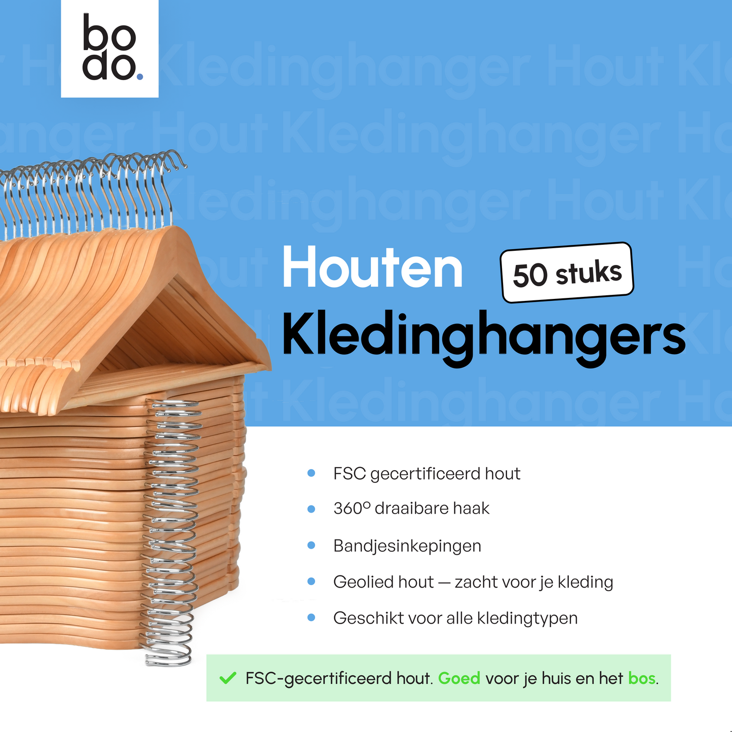 Kledinghangers - 50 stuks - Hout naturel - Bodo