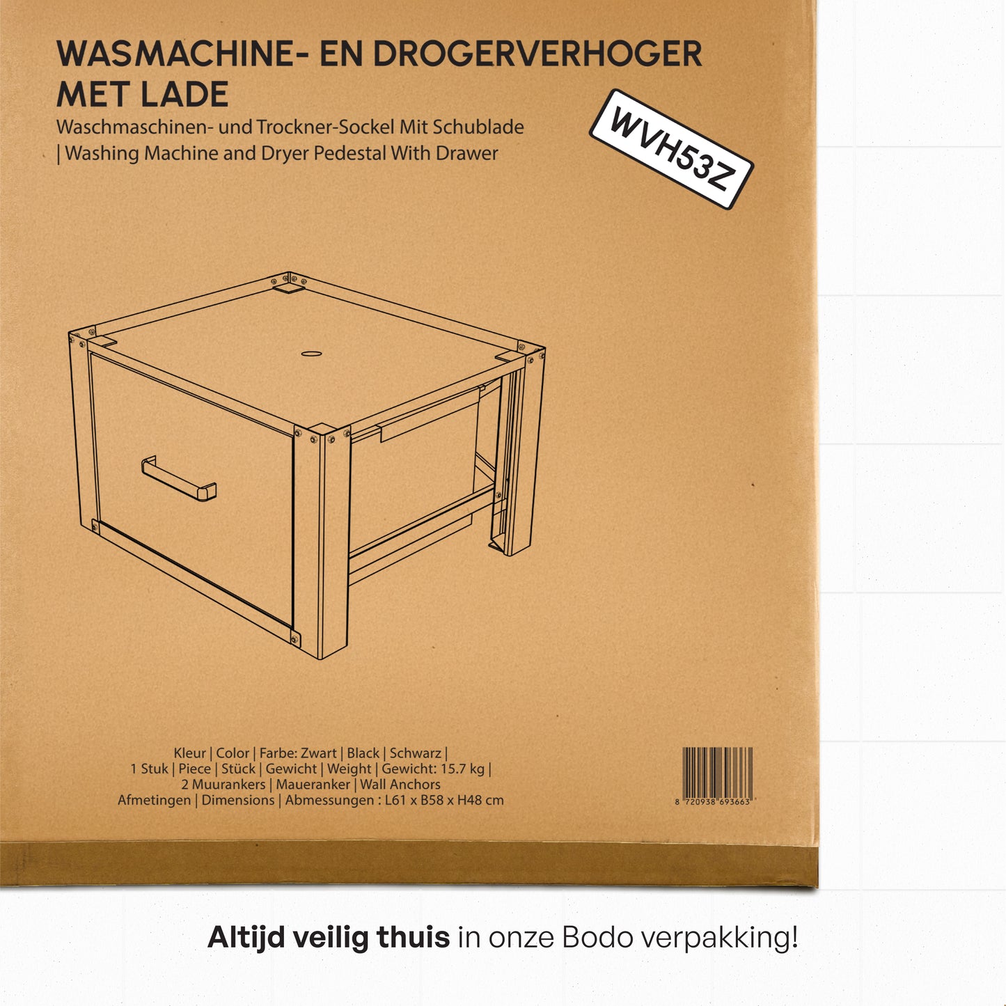 Bodo® - Wasmachine Verhoger met Opberglade - Zwart - 61x58x48 cm
