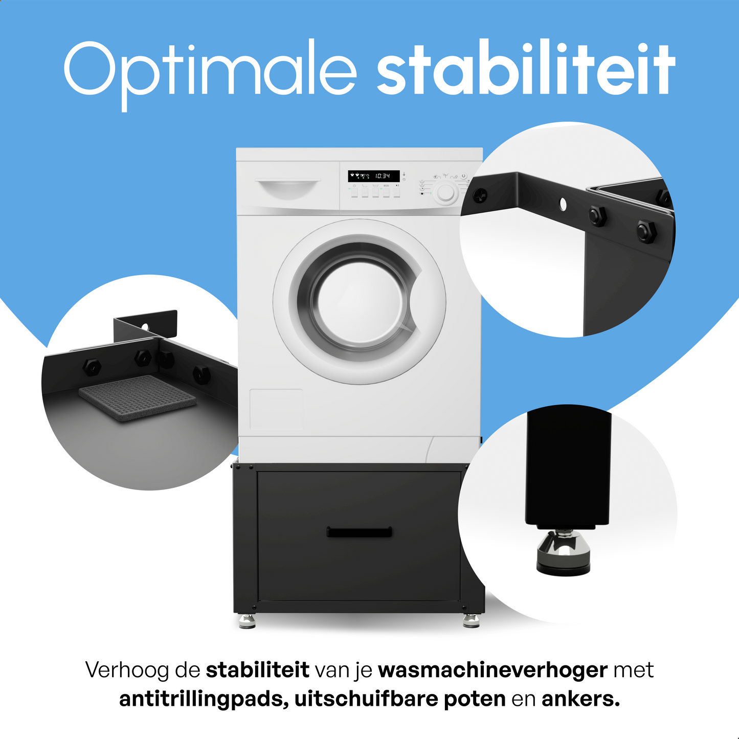 Bodo® - Wasmachine Verhoger met Opberglade - Zwart - 61x58x48 cm
