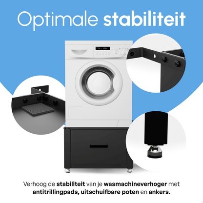 Bodo® - Wasmachine Verhoger met Opberglade - Zwart - 61x58x48 cm