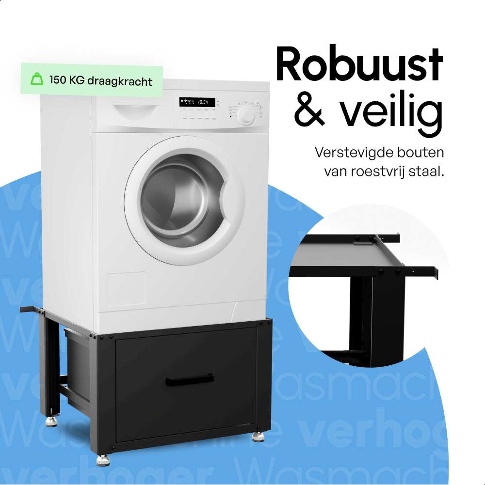 Bodo® - Wasmachine Verhoger met Opberglade - Zwart - 61x58x48 cm