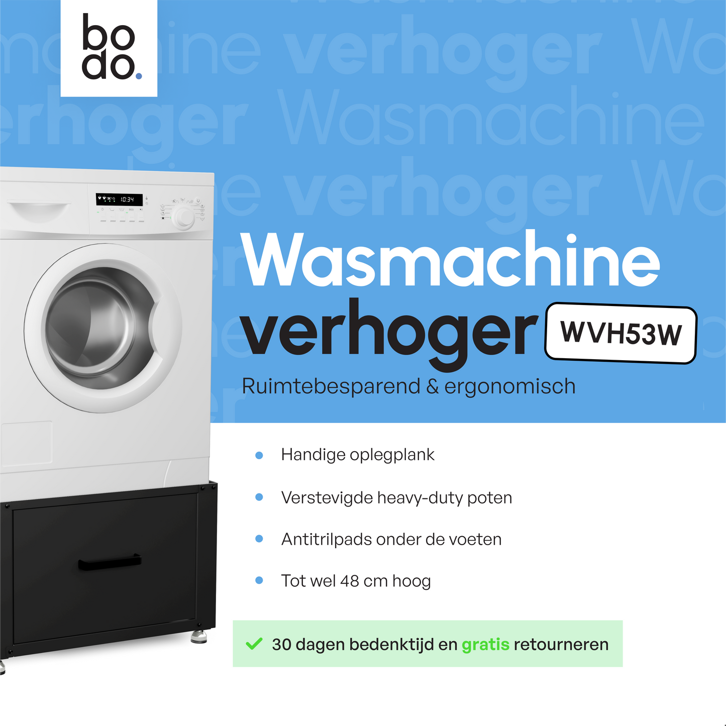 Bodo® - Wasmachine Verhoger met Opberglade - Zwart - 61x58x48 cm