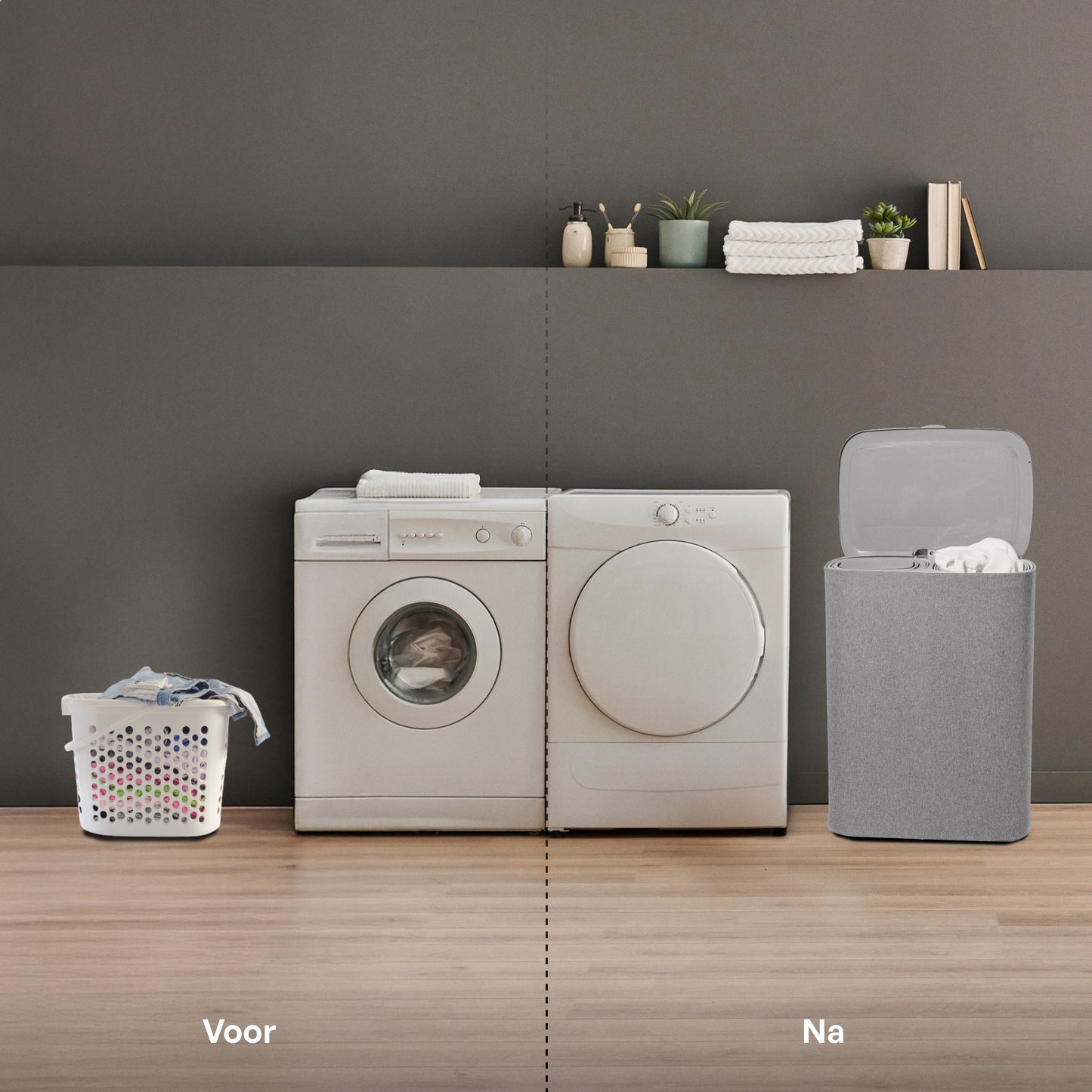 Bodo® - Wasmand Duosplit - Wasmand Met Deksel - 90L - 56x41x69 cm - Grijs