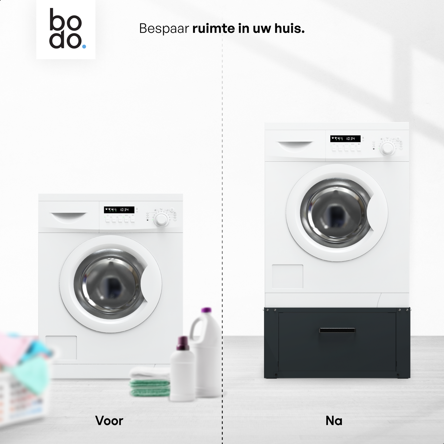 Bodo® - Wasmachine Verhoger - Wasmachine Verhoger Met Opberglade - Wasmachine opbouwmeubel - Wasmachine Sokkel - Universeel - Zwart
