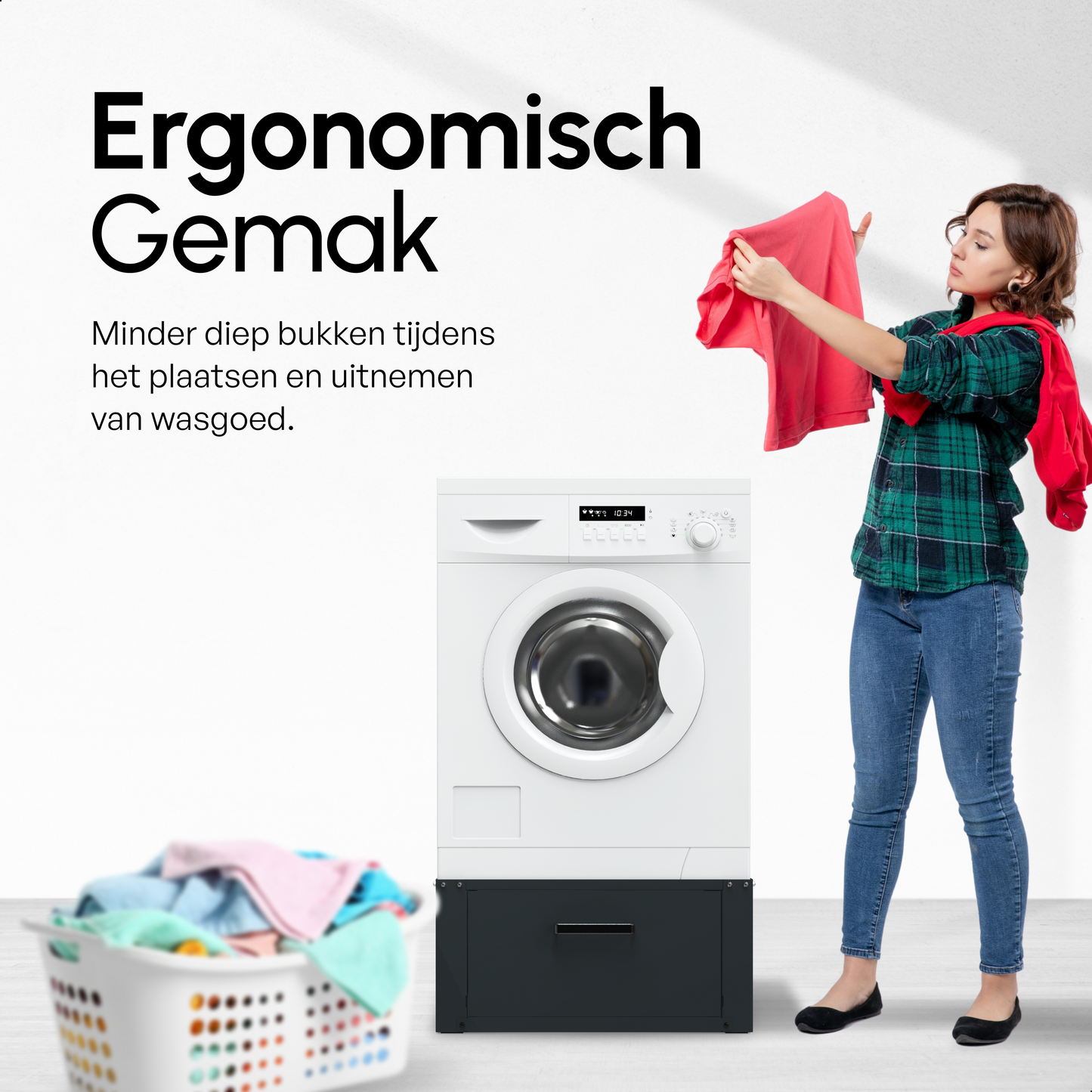 Bodo® - Wasmachine Verhoger - Wasmachine Verhoger Met Opberglade - Wasmachine opbouwmeubel - Wasmachine Sokkel - Universeel - Zwart